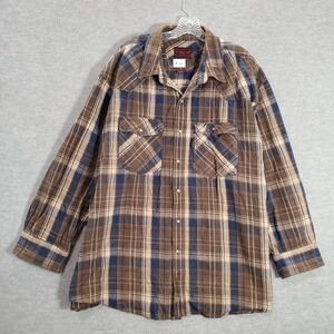Five Brother Men Button Up Shirt 3XL Big Brown Plaid Flannel Pearl Snap READ